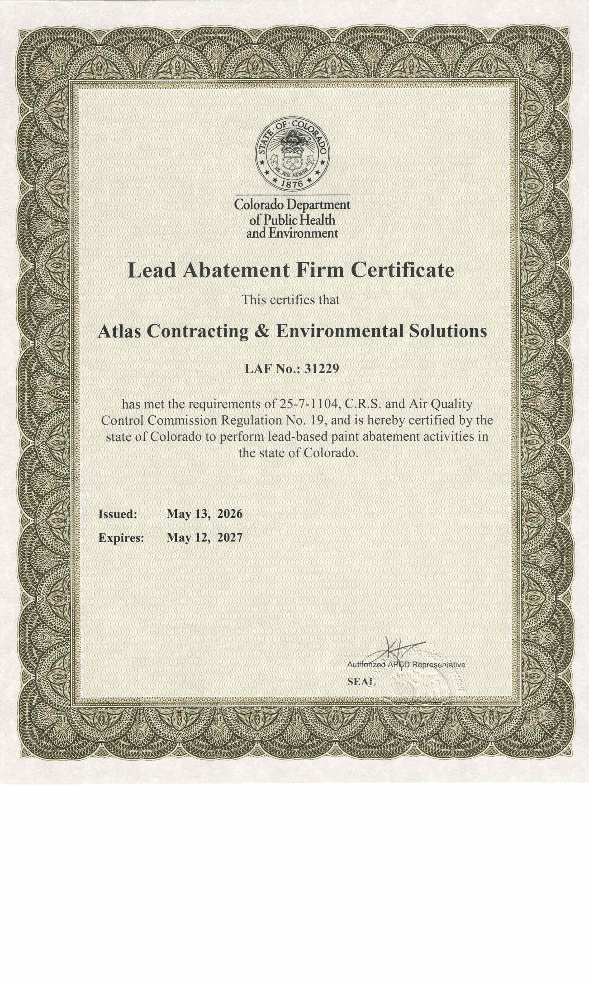 Colorado Lead Abatement Firm Certificate for Atlas Contracting & Environmental Solutions, LAF No. 31229, issued May 13, 2026 and expiring May 12, 2027.