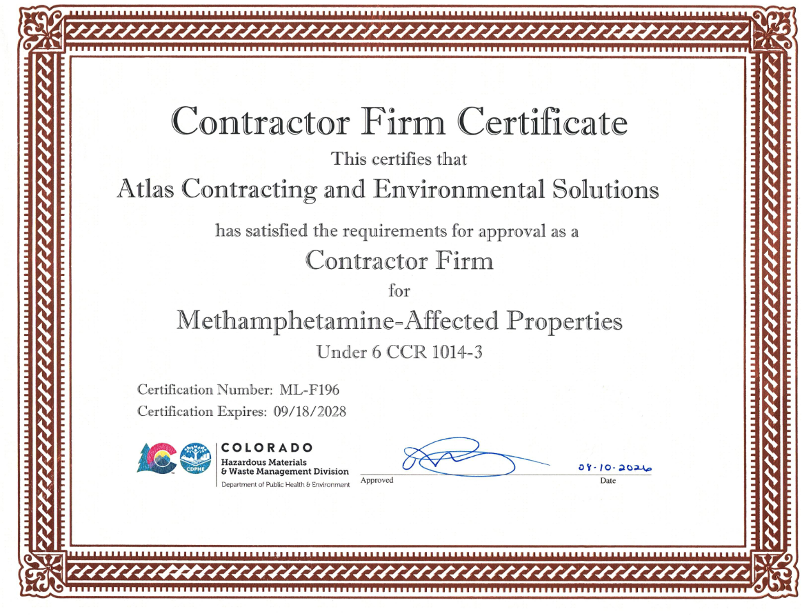 Colorado Methamphetamine-Affected Properties Contractor Firm certificate — Atlas Contracting and Environmental Solutions, No. ML-F196, expires September 18, 2028.